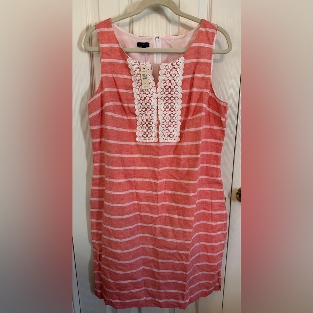 Talbots Coral and White Striped Sleeveless Shift Dress with Lace